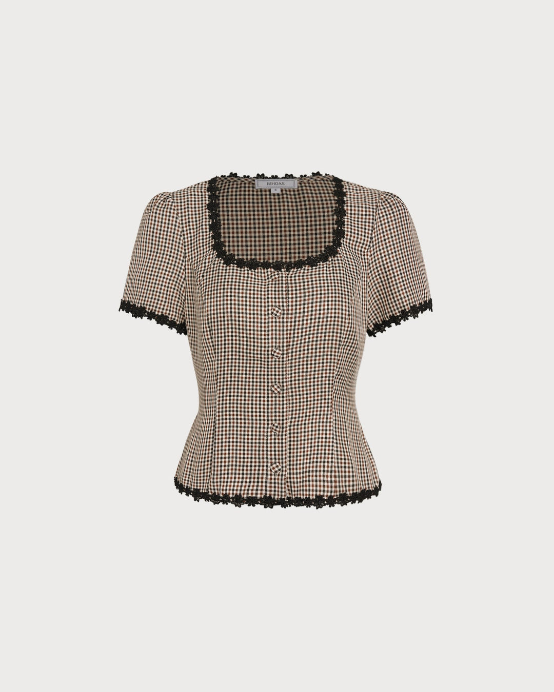 Coffee Square Neck Plaid Blouse