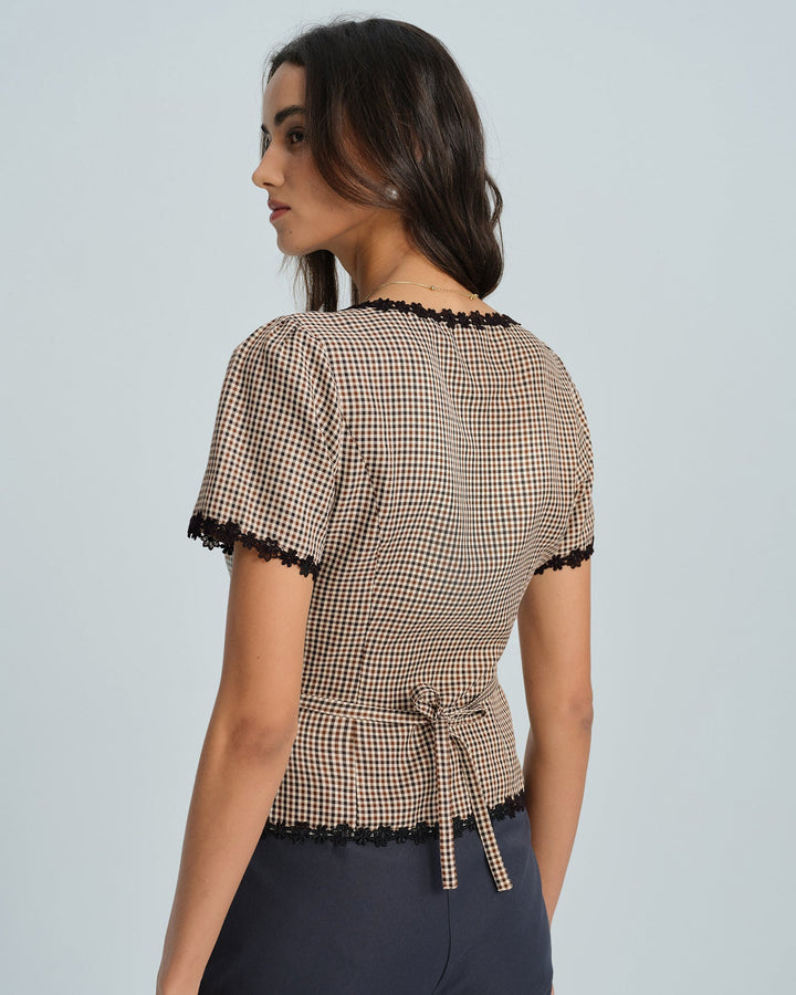 Coffee Square Neck Plaid Blouse