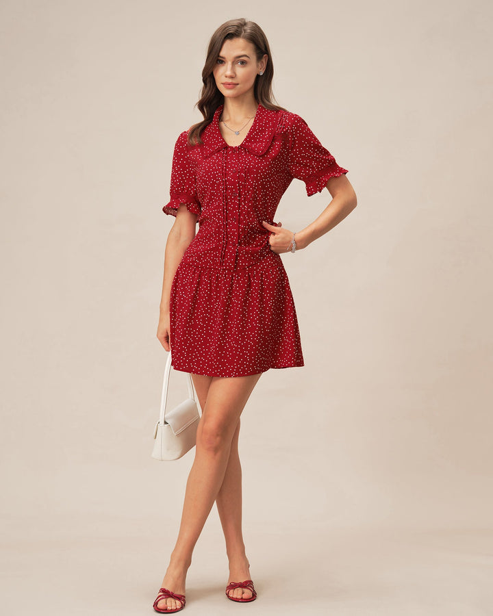 Red Puffed Sleeve Polka Dot Collar Blouse