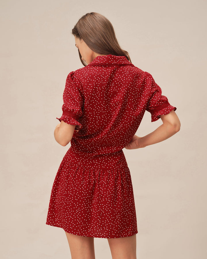 Red Puffed Sleeve Polka Dot Collar Blouse