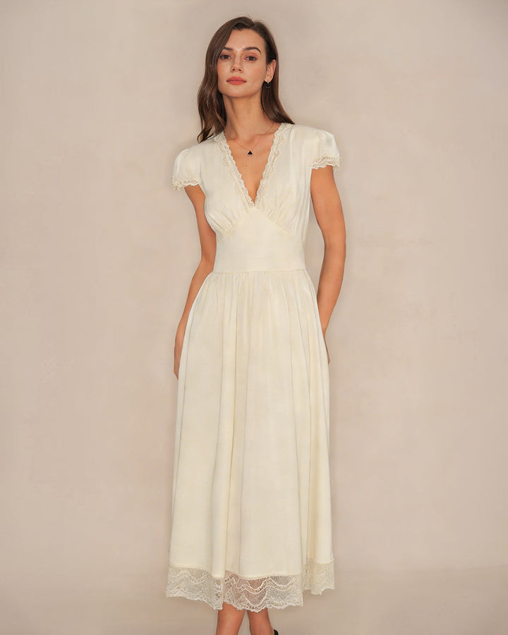 Apricot V Neck Lace Maxi Dress