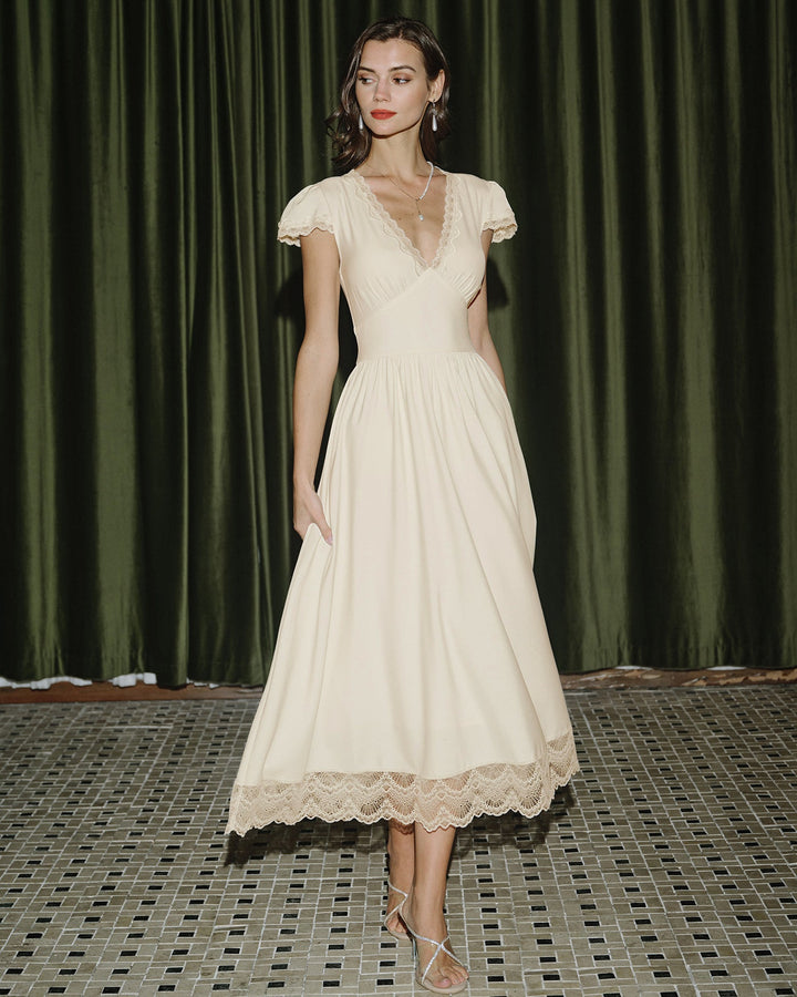 Apricot V Neck Lace Maxi Dress