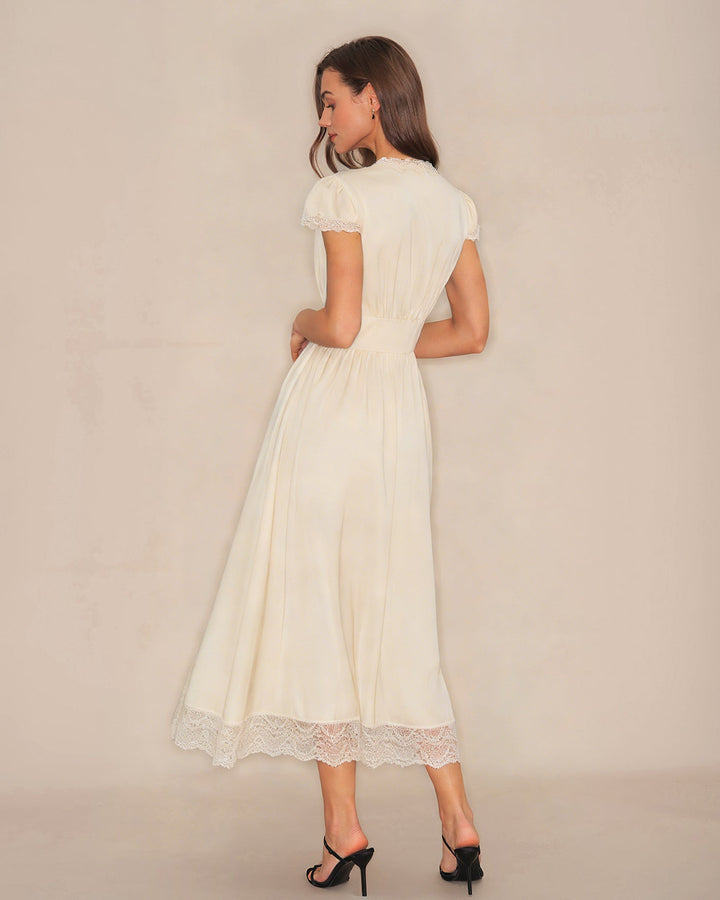 Apricot V Neck Lace Maxi Dress