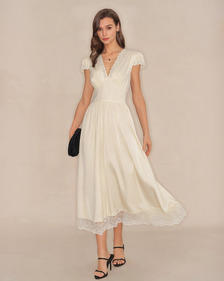 Apricot V Neck Lace Maxi Dress