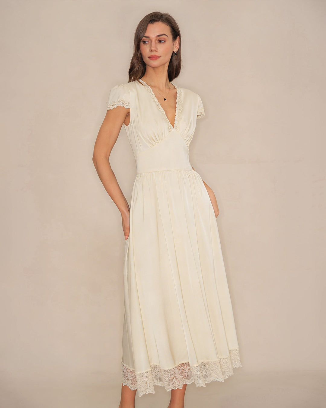 Apricot V Neck Lace Maxi Dress