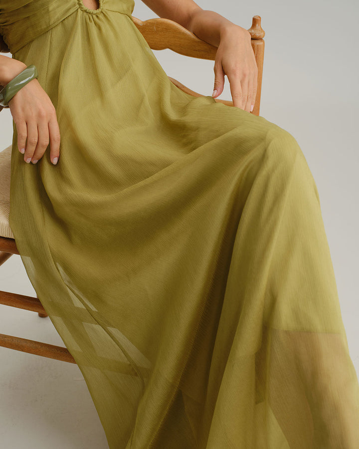 Green Ruched Slip Maxi Dress