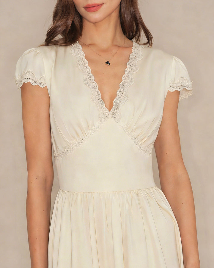 Apricot V Neck Lace Maxi Dress