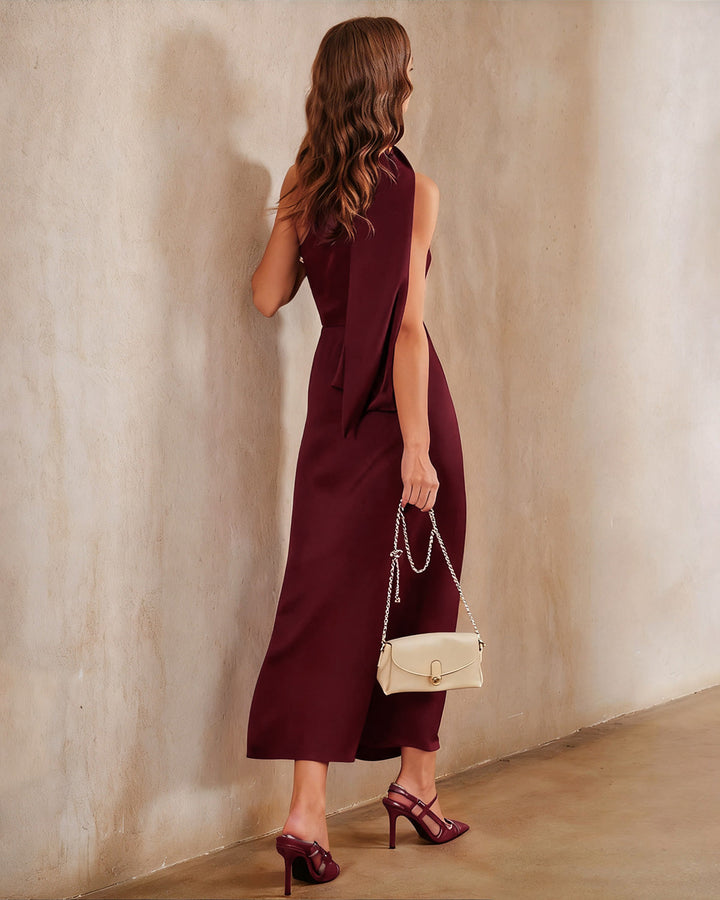Wine Red Satin One Shoulder Maxi Dress