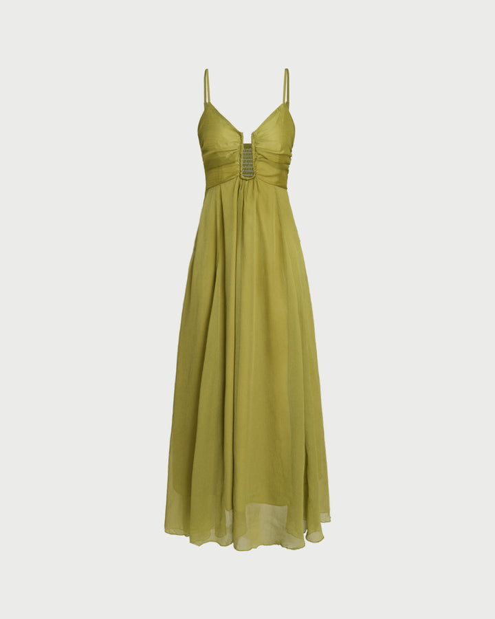 Green Ruched Slip Maxi Dress