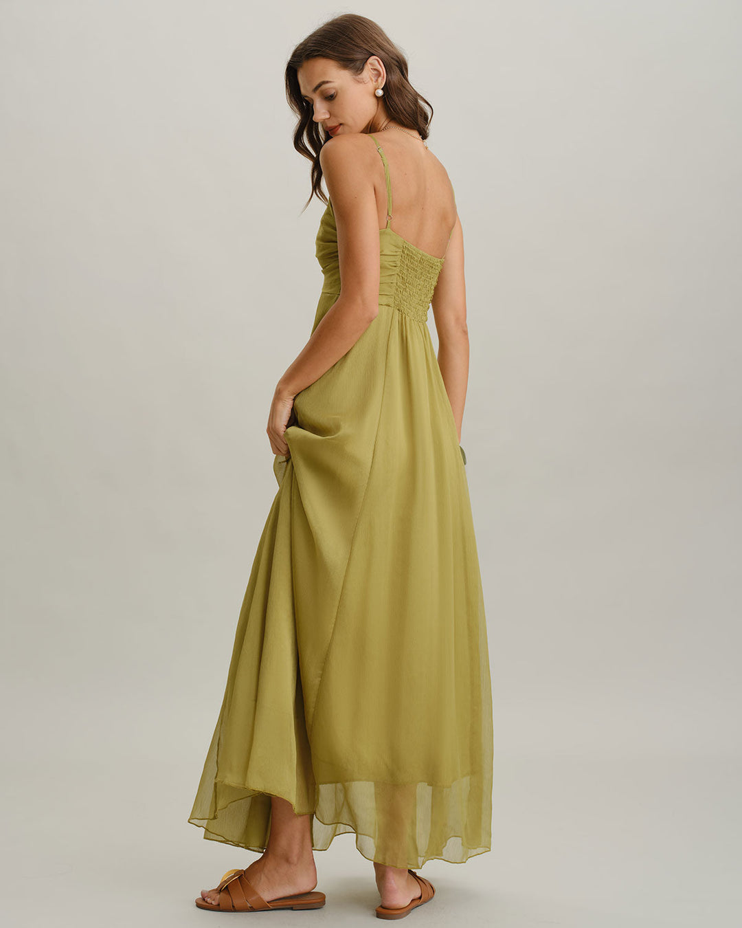 Green Ruched Slip Maxi Dress