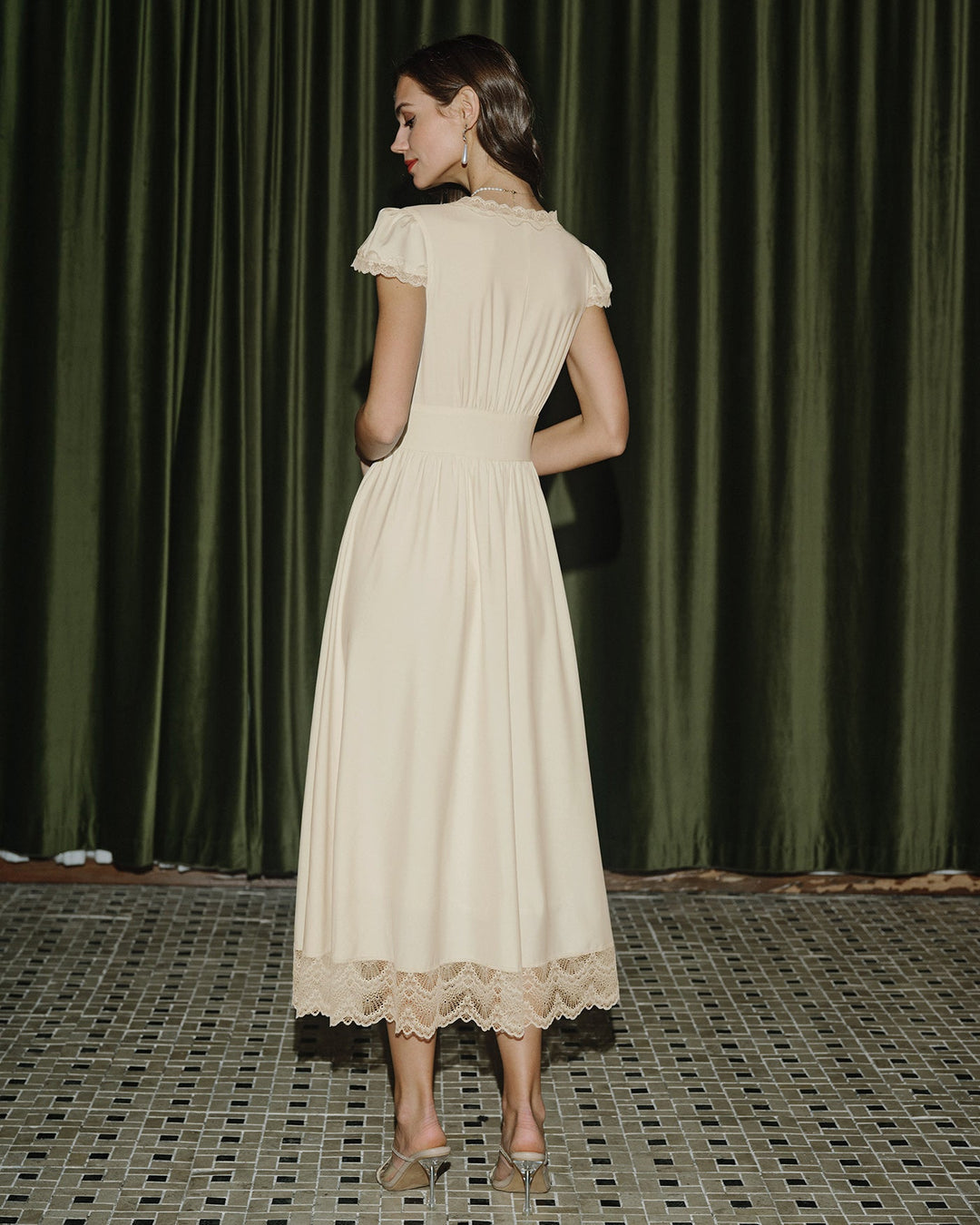 Apricot V Neck Lace Maxi Dress