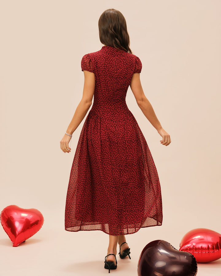 Red Cap Sleeve Floral Maxi Dress