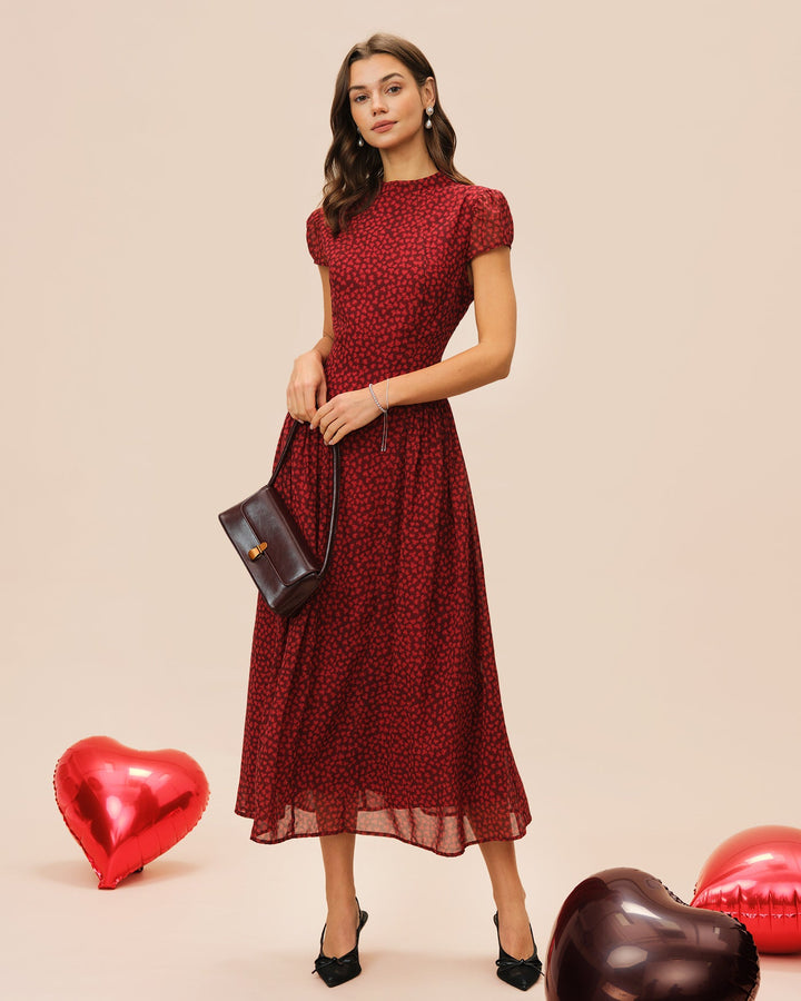 Red Cap Sleeve Floral Maxi Dress
