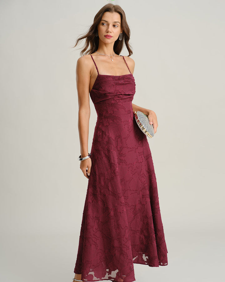 Wine Red Jacquard Slip Maxi Dress