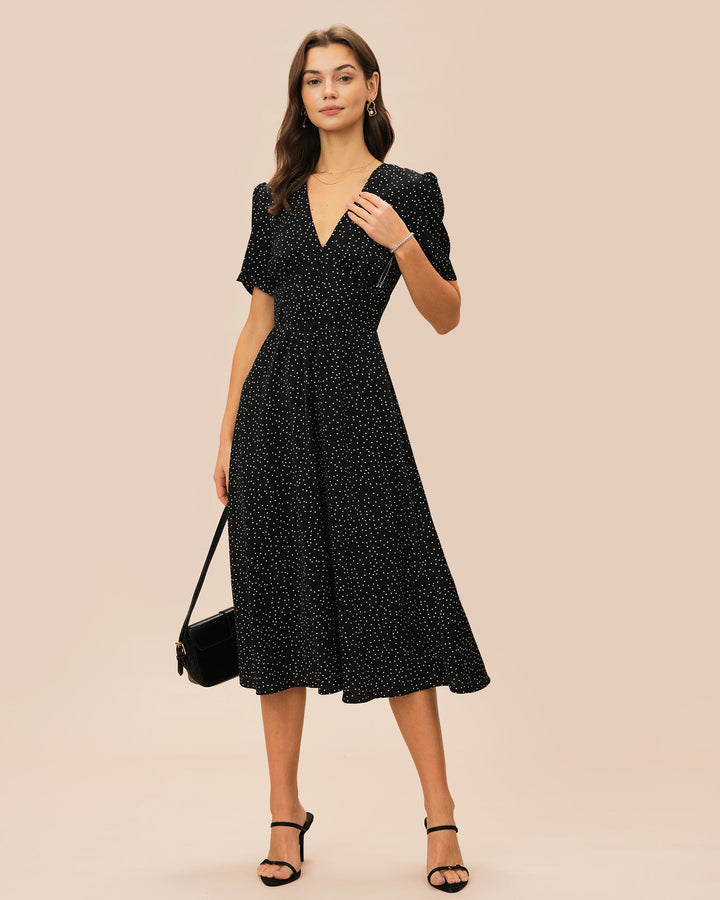 Black V Neck Polka Dot Midi Dress