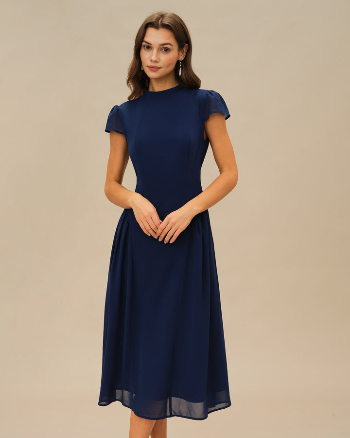 Blue Puffed Sleeve Midi Dress