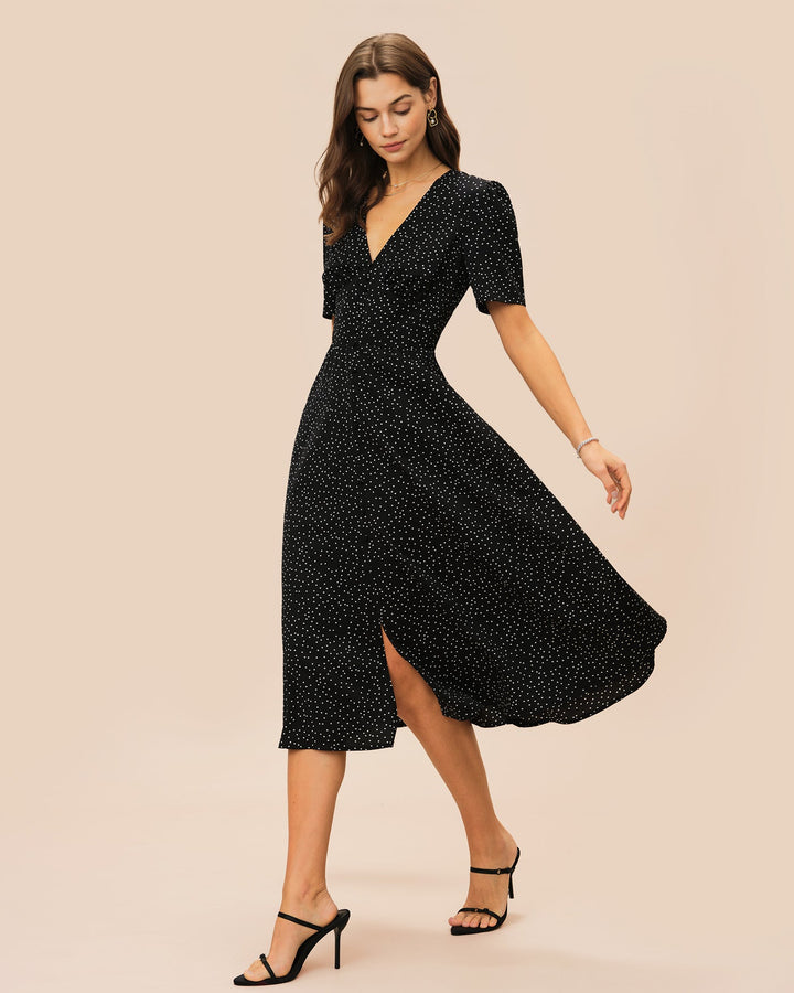 Black V Neck Polka Dot Midi Dress