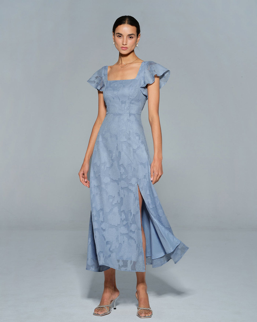 Blue Floral Square Neck Midi Dress