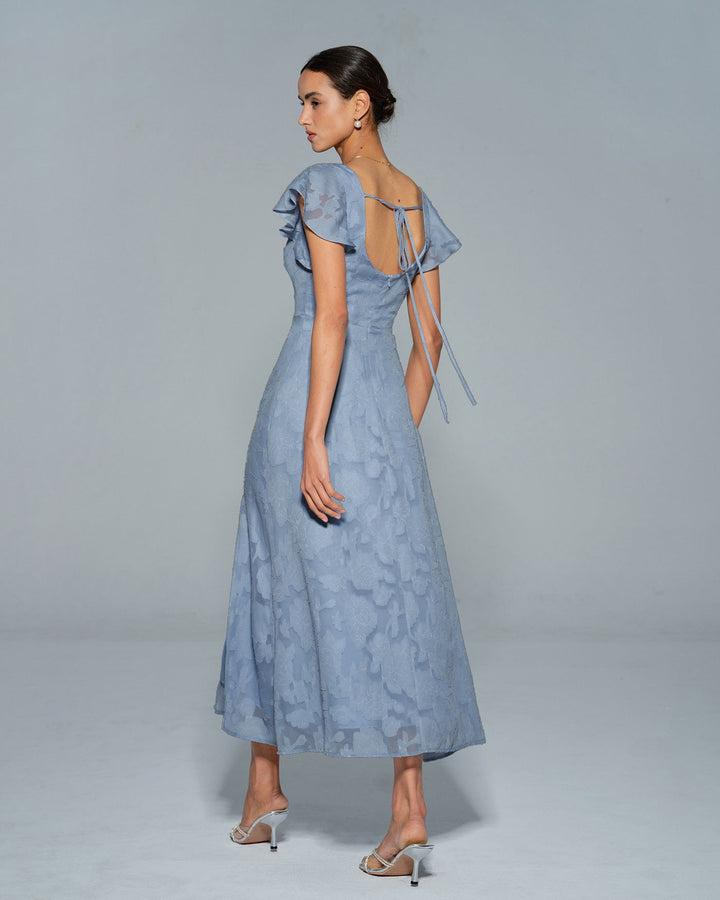 Blue Floral Square Neck Midi Dress