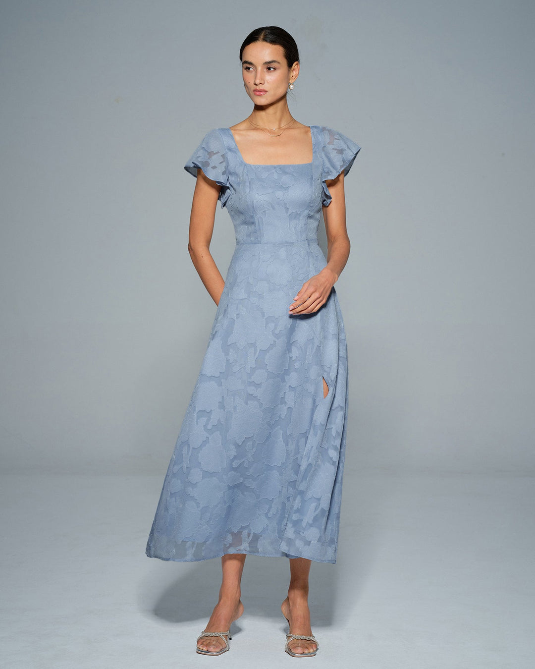 Blue Floral Square Neck Midi Dress