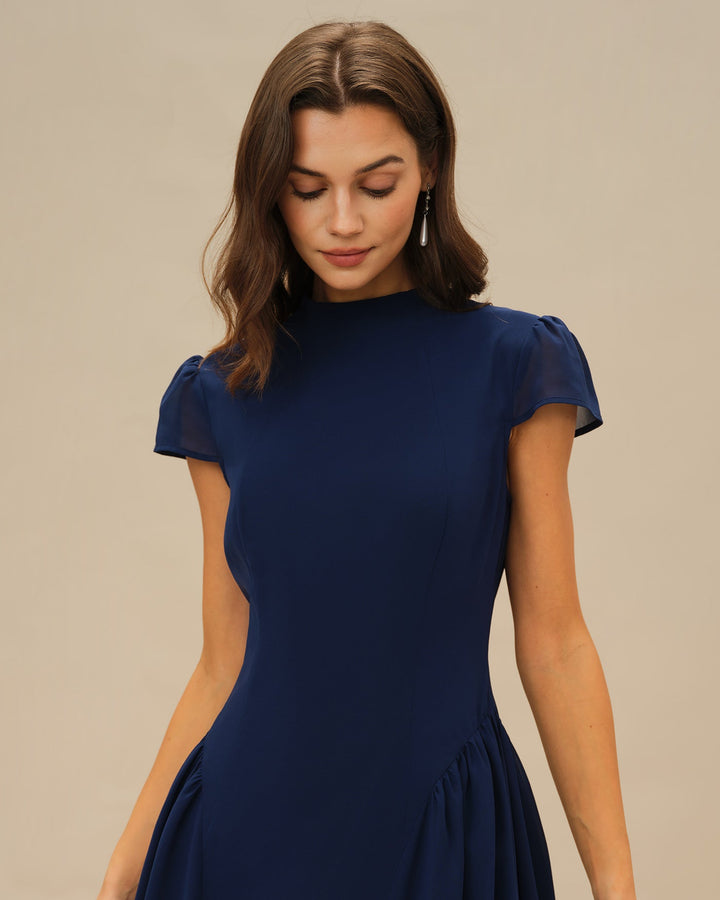 Blue Puffed Sleeve Midi Dress