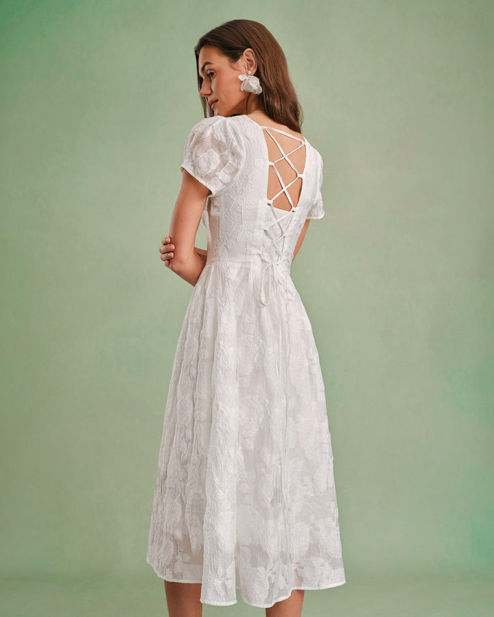 White Square Neck X Cross Midi Dress