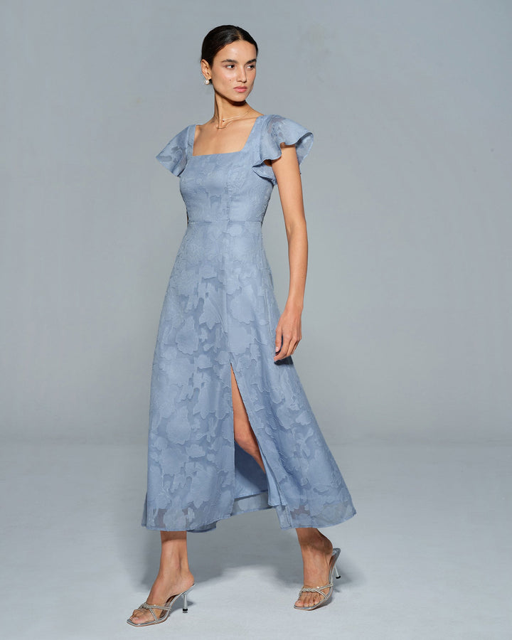 Blue Floral Square Neck Midi Dress