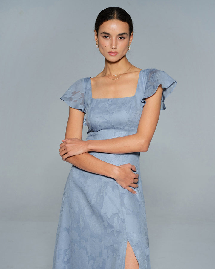 Blue Floral Square Neck Midi Dress