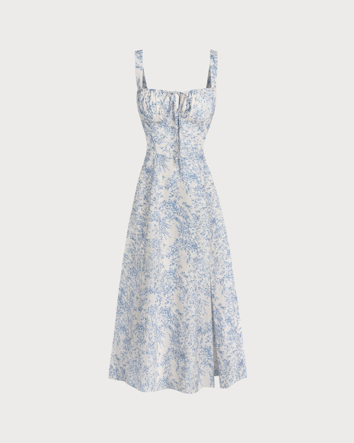 Blue Floral Ruched Slip Midi Dress