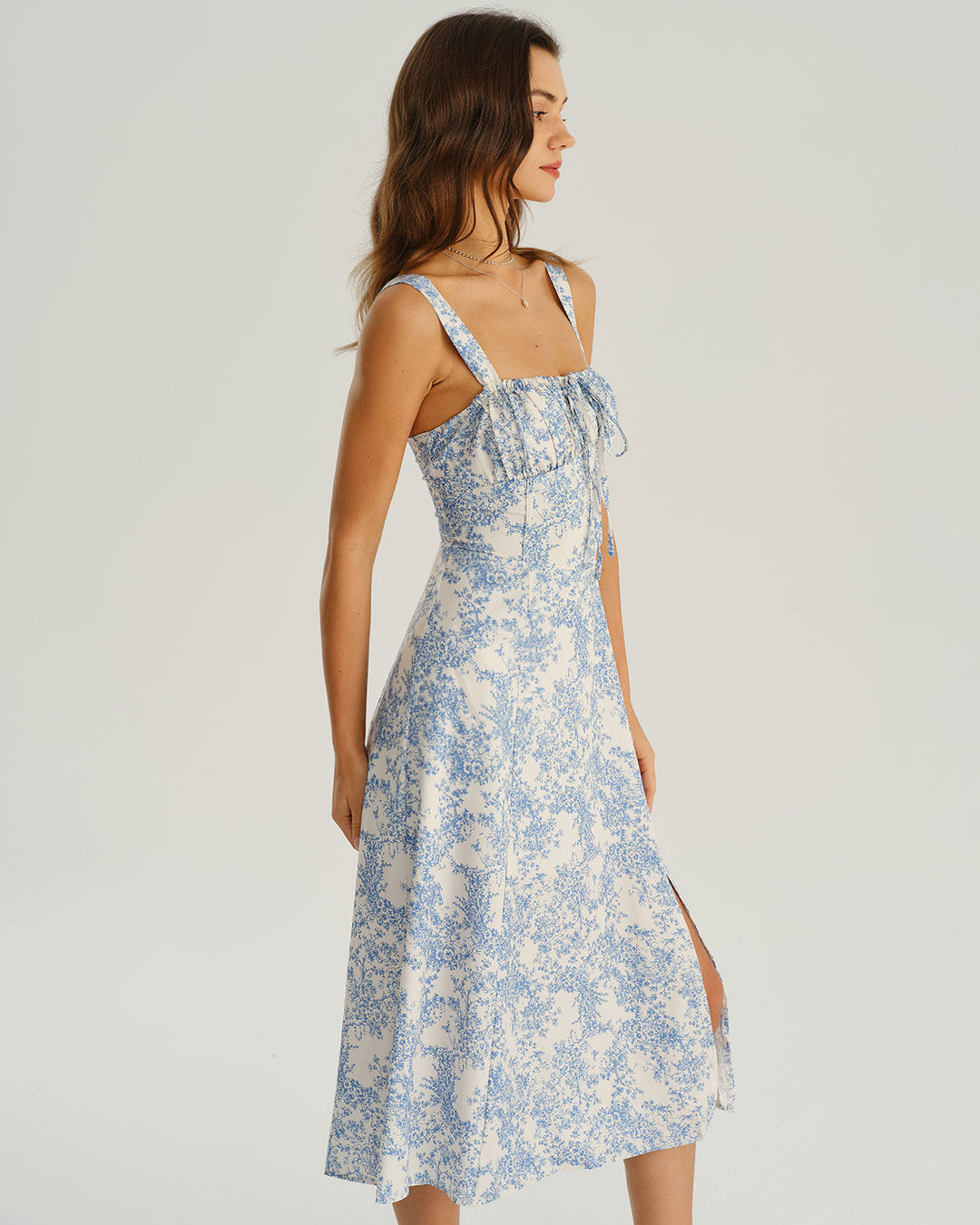 Blue Floral Ruched Slip Midi Dress