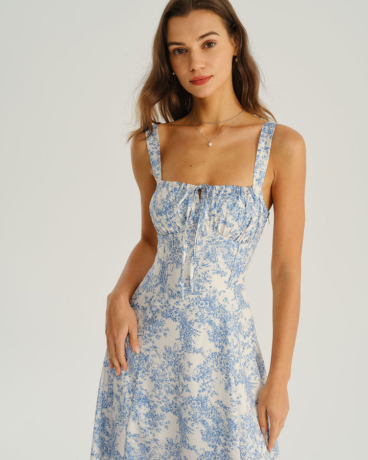 Blue Floral Ruched Slip Midi Dress
