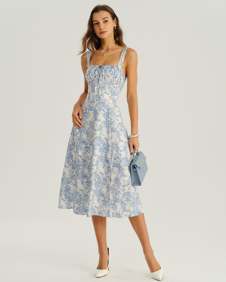 Blue Floral Ruched Slip Midi Dress