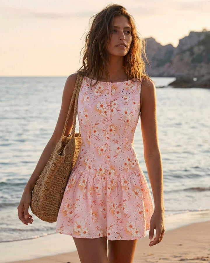 Boat Neck Floral Mini Dress