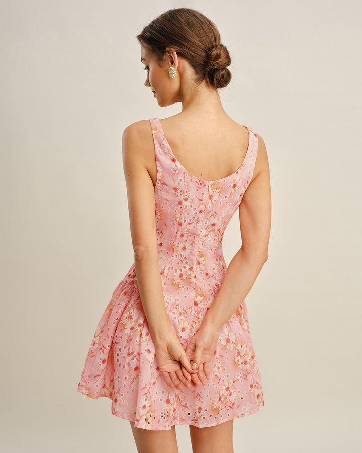 Boat Neck Floral Mini Dress