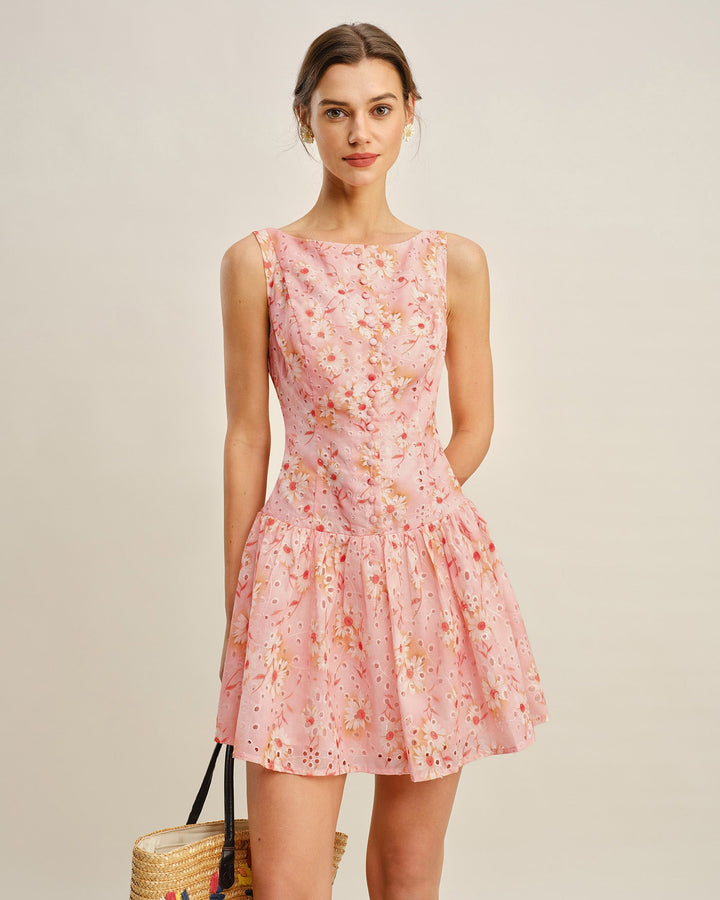 Boat Neck Floral Mini Dress