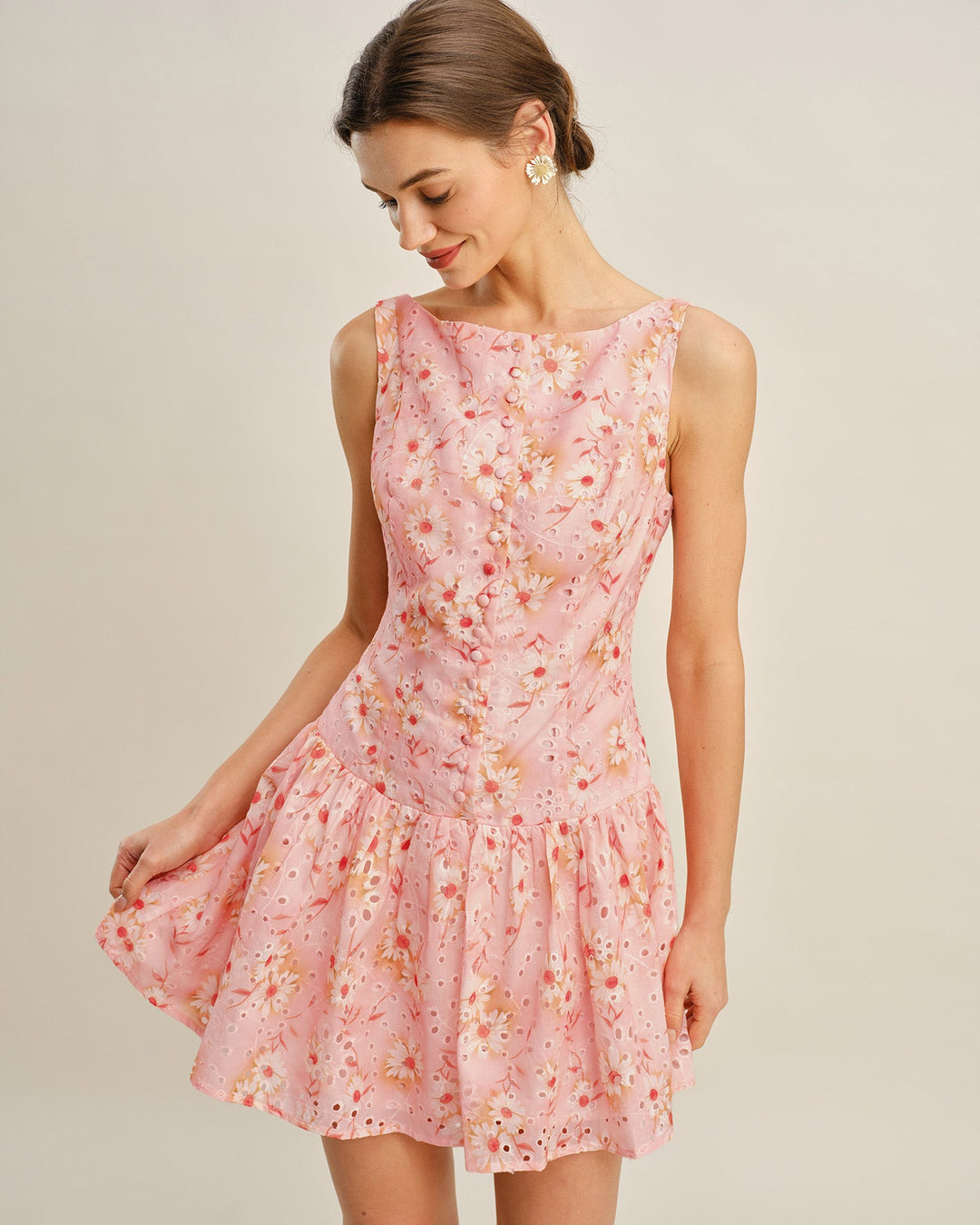 Boat Neck Floral Mini Dress