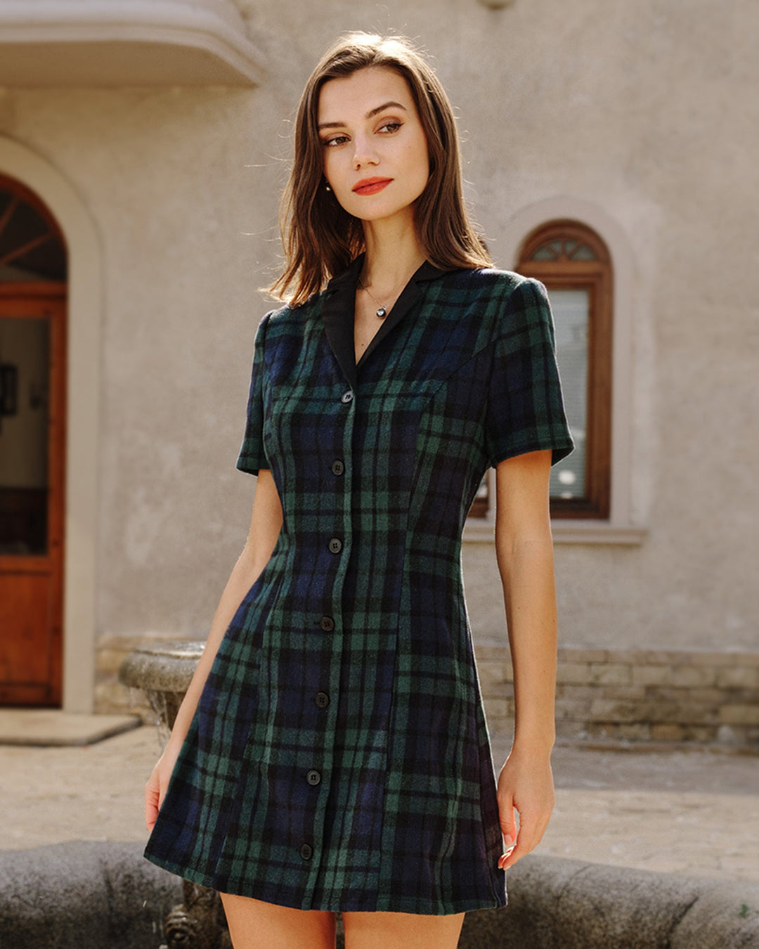 Green Plaid Collar Mini Dress