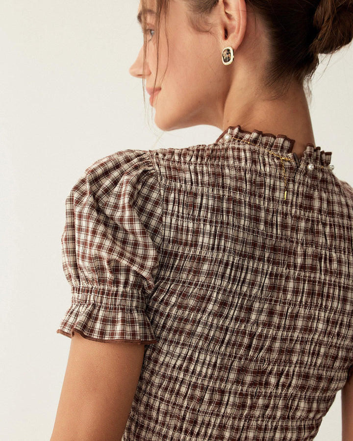 Coffee Gingham Puffed Sleeve Mini Dress