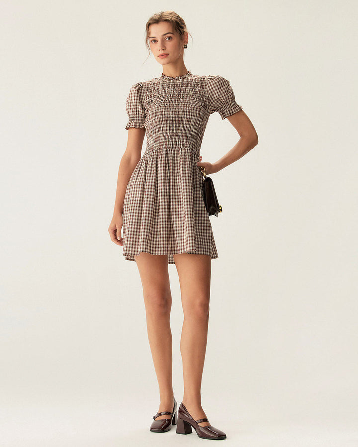 Coffee Gingham Puffed Sleeve Mini Dress