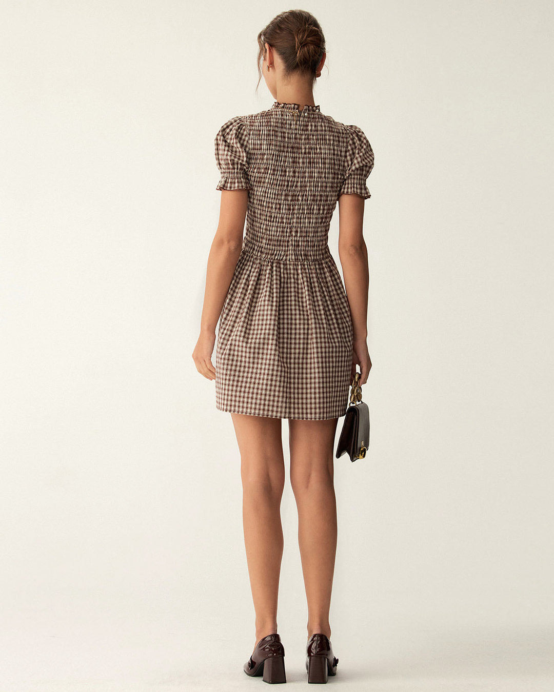 Coffee Gingham Puffed Sleeve Mini Dress