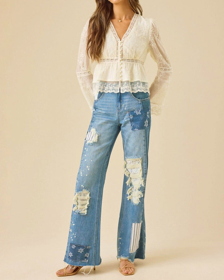 Apricot Floral V Neck Shirt