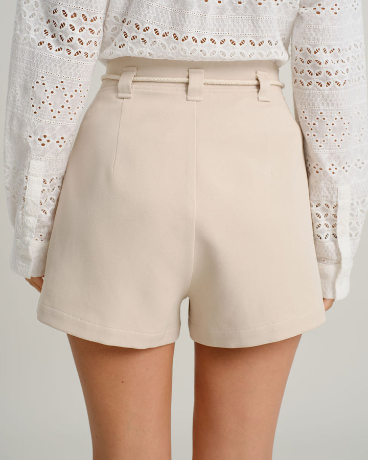 Beige Tie Waist Pocket Shorts