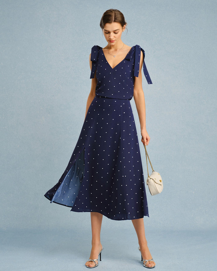 Navy Polka Dot Slit Midi Skirt