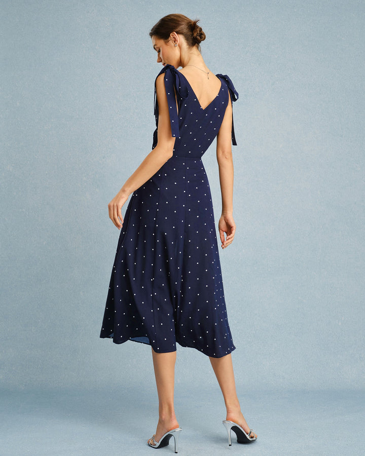 Navy Polka Dot Slit Midi Skirt
