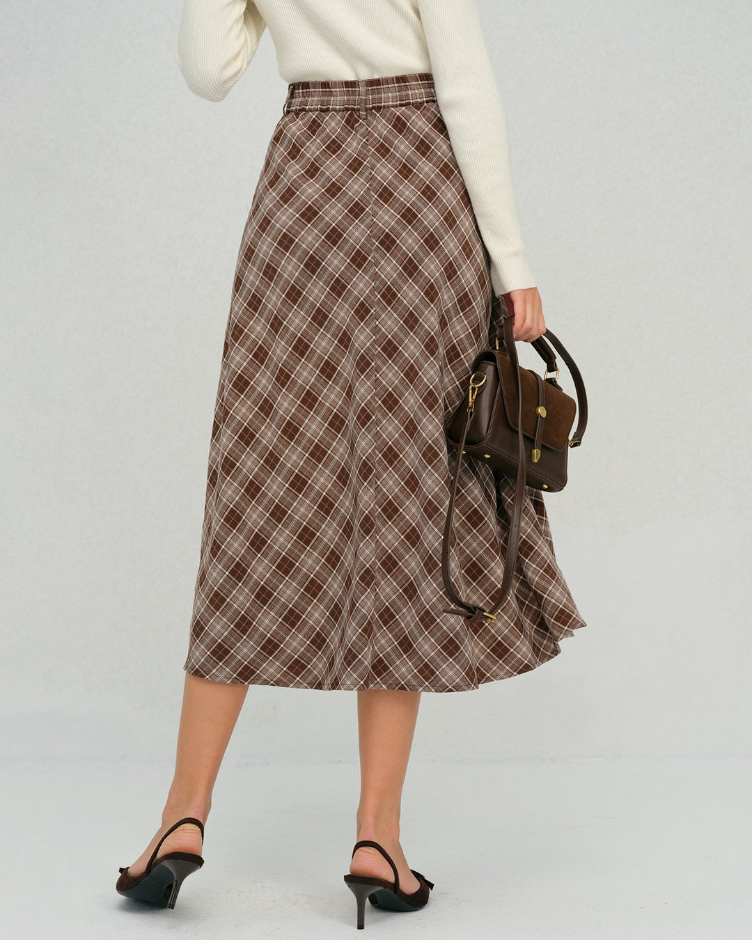 Brown Plaid Floral A-Line Midi Skirt