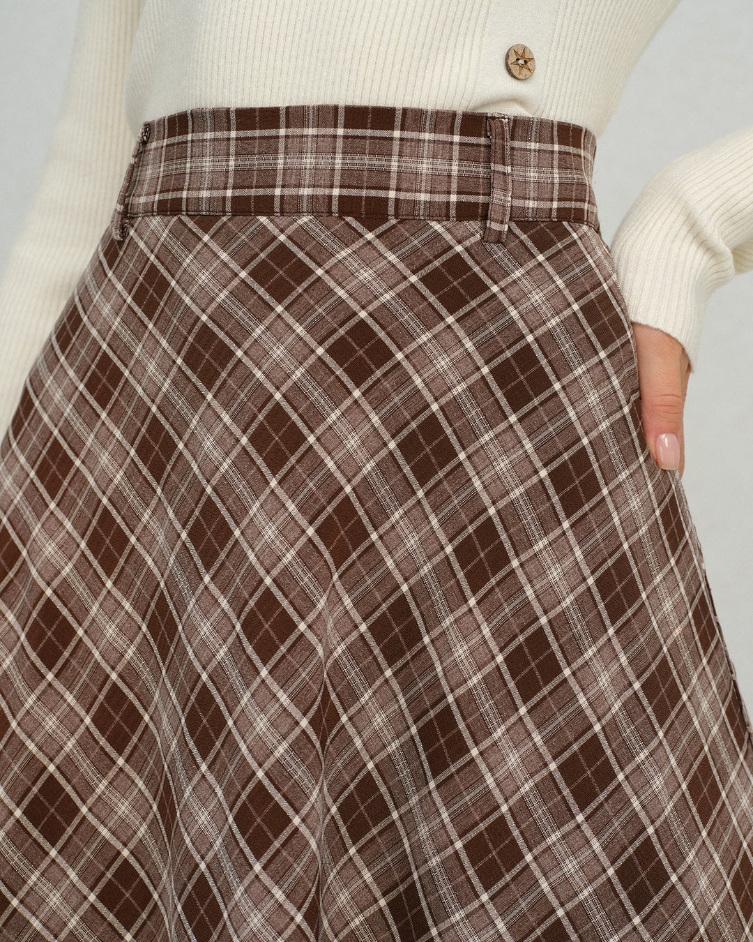 Brown Plaid Floral A-Line Midi Skirt