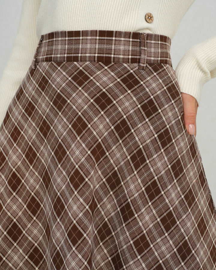 Brown Plaid Floral A-Line Midi Skirt