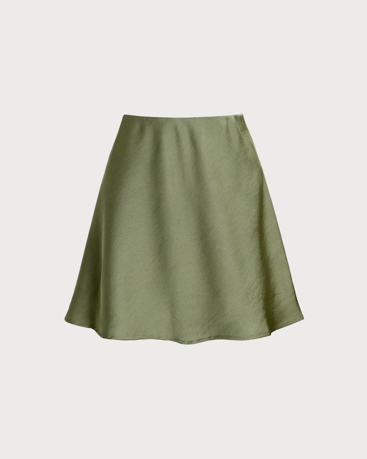 Green Satin Elastic Waist A-Line Mini Skirt