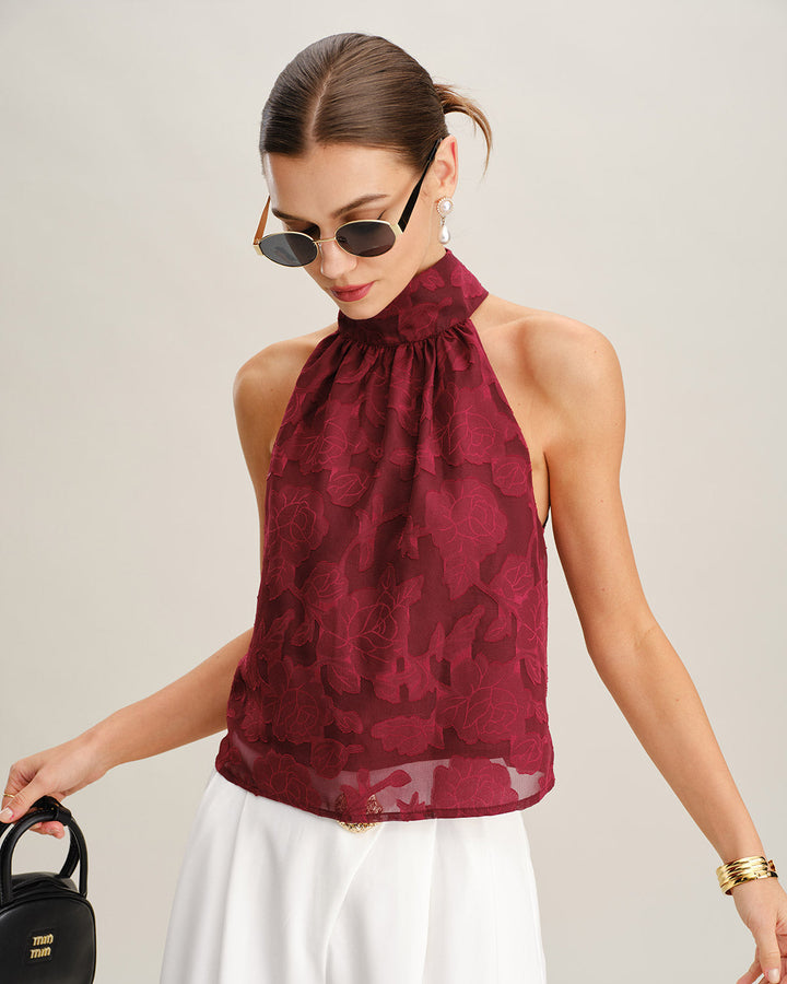 Wine Red Floral Tank Top