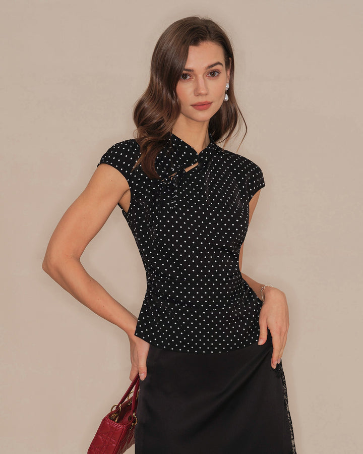 Black Polka Dot Mandarin Collar Tee